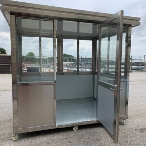 6.5 x 8 Stainless Steel Guard Shack, Swing Door on 8′ Side, Plain Jane